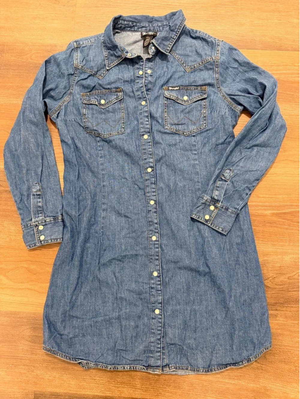 Wrangler Retro Chambray Western Shirt Dress Women L Pearl Snap 10LWD709D